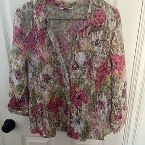 JM Collection Sheer Floral Blouse - Pink, Green, Tan